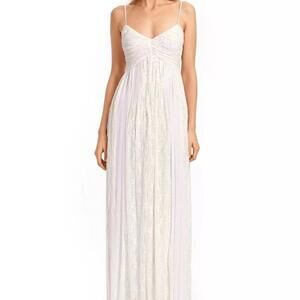 Jewel Badgley Mischka Pleated Mesh Lace and Georgette Gown Front Slit Sz 0 Ivory